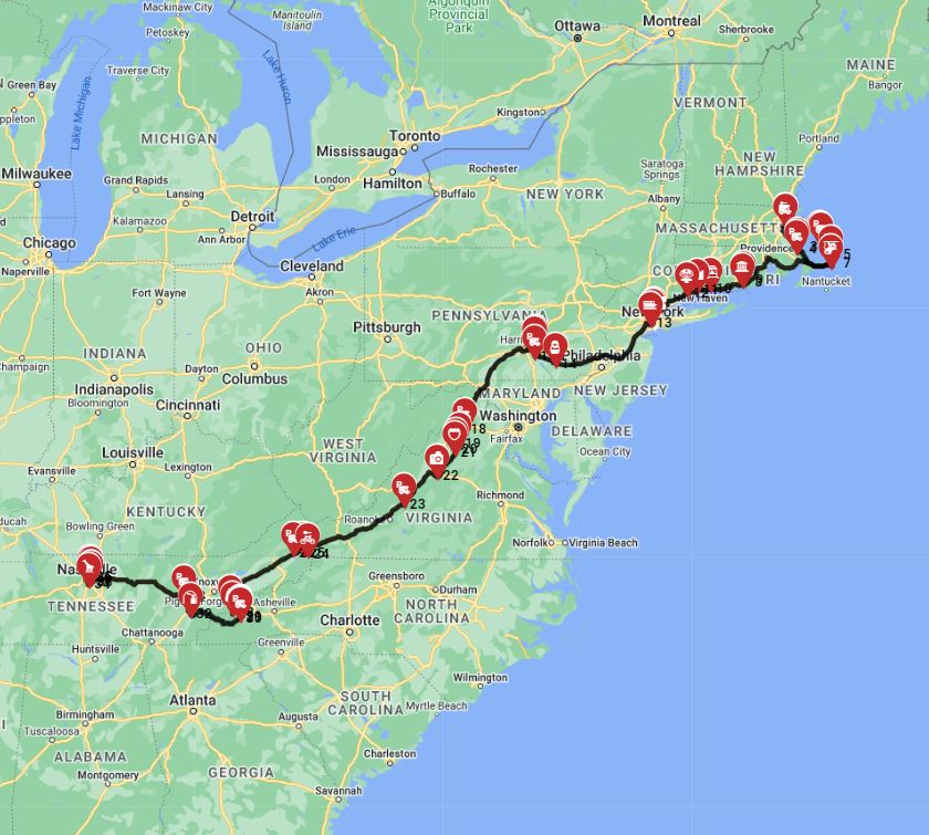 Boston to Nashville motorhome road trip planner RV route